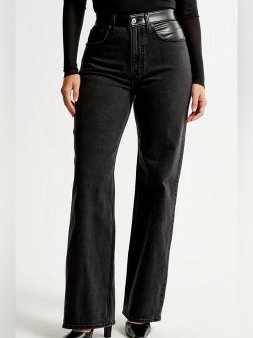 Abercrombie & Fitch 90s Straight High Rise Denim/Leather Pants Size 2R/26 NWT